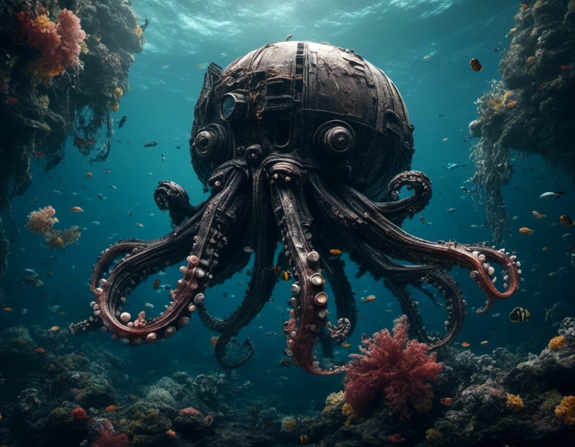 Darth Vader Octopus in Deep Ocean Wreck