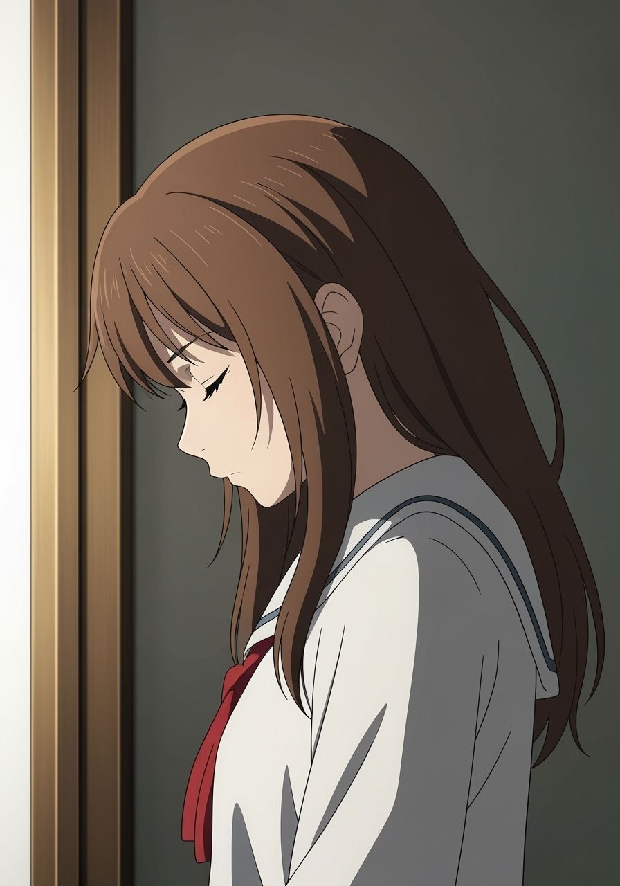 Anime Portrait of Exhausted Girl Asleep Standing
