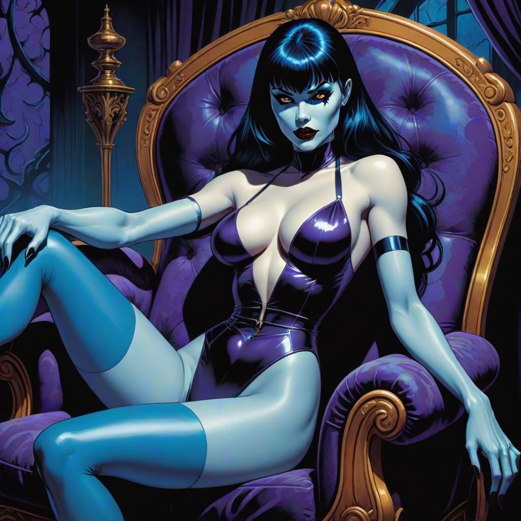 Blue Vampire Woman Reclines on Velvet Lounge