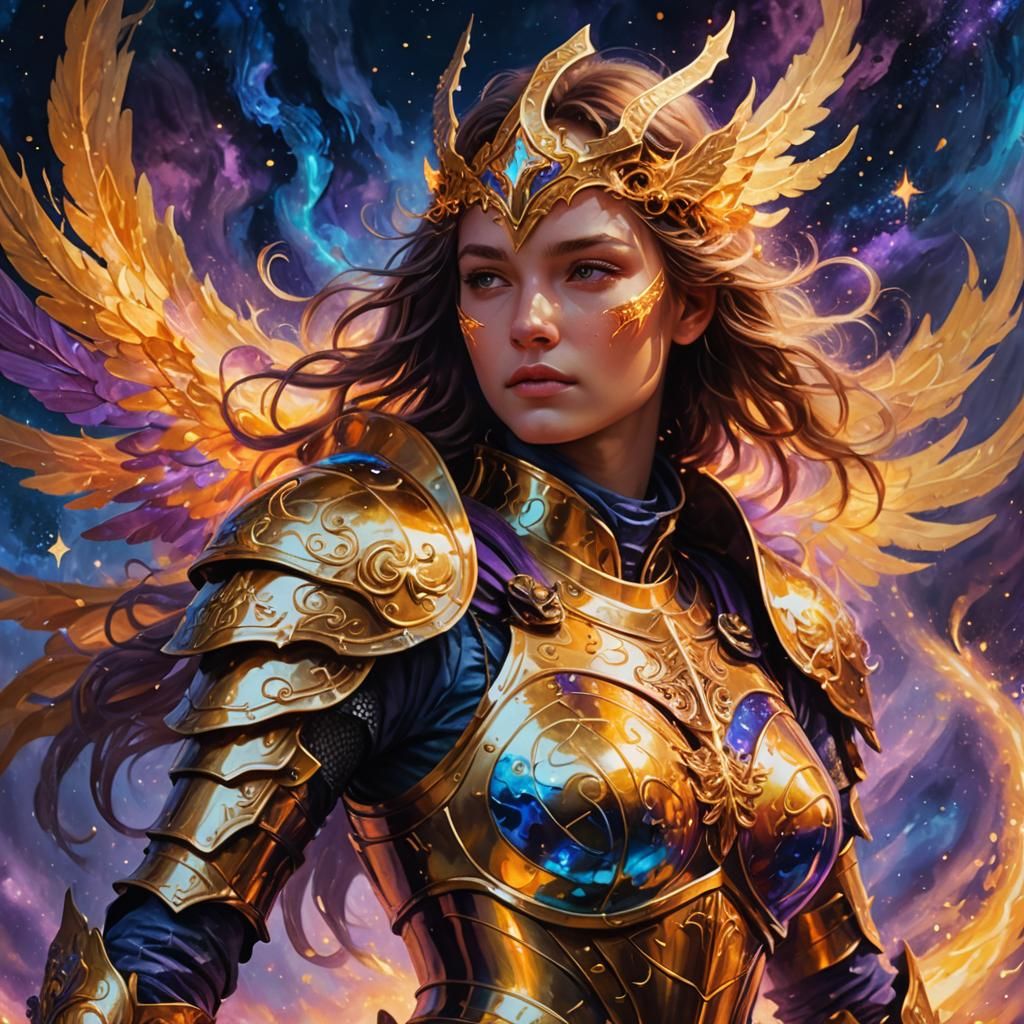 Golden Angelic Knight in Galaxy, Digital Fantasy Art