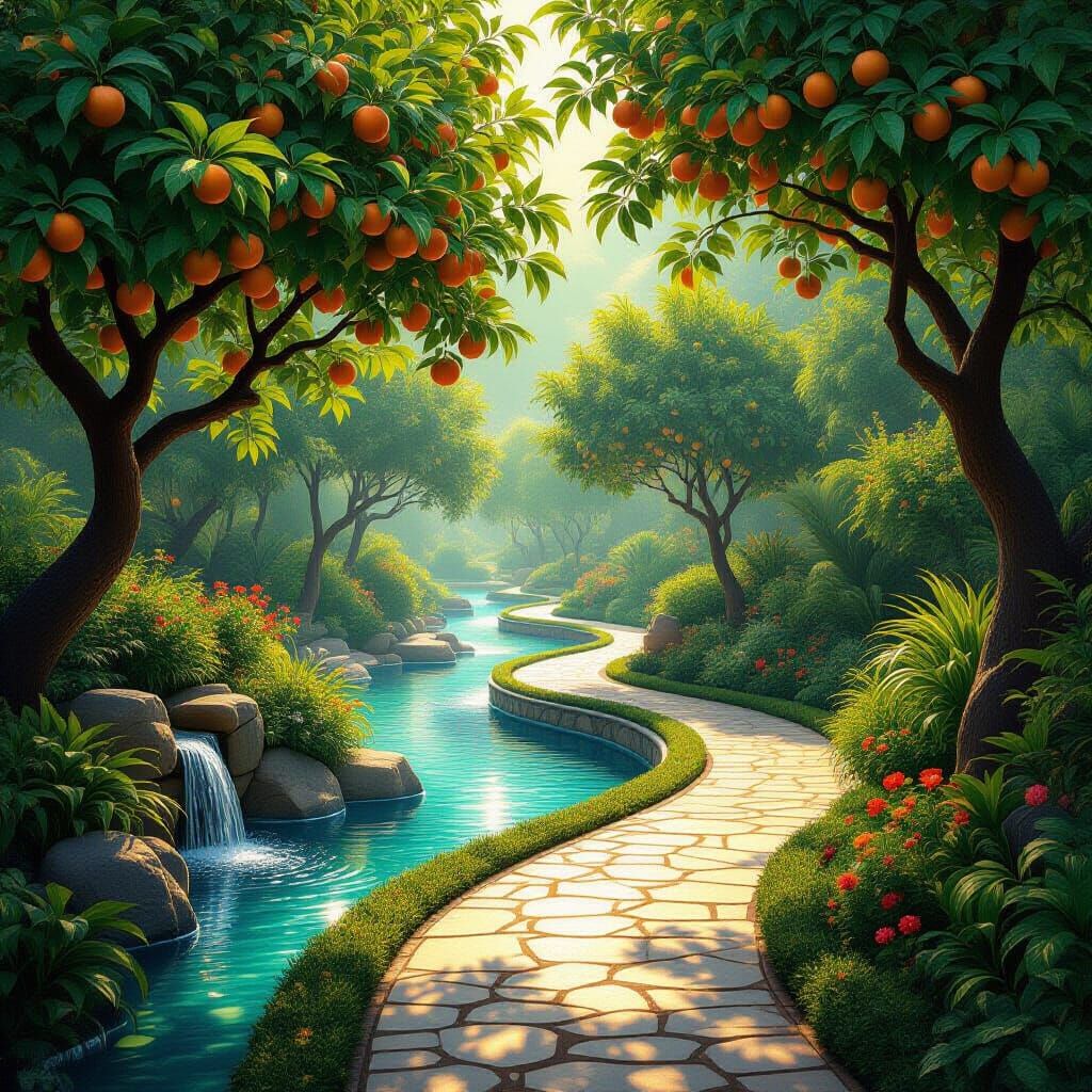 Ethereal Garden of Jannah with Starlight Pathways