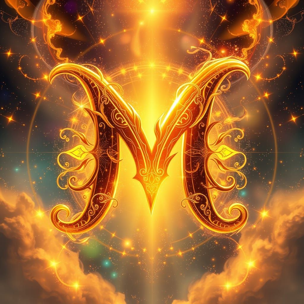 Majestic Anime-Style Letter M in Golden Aura with Mystical D...