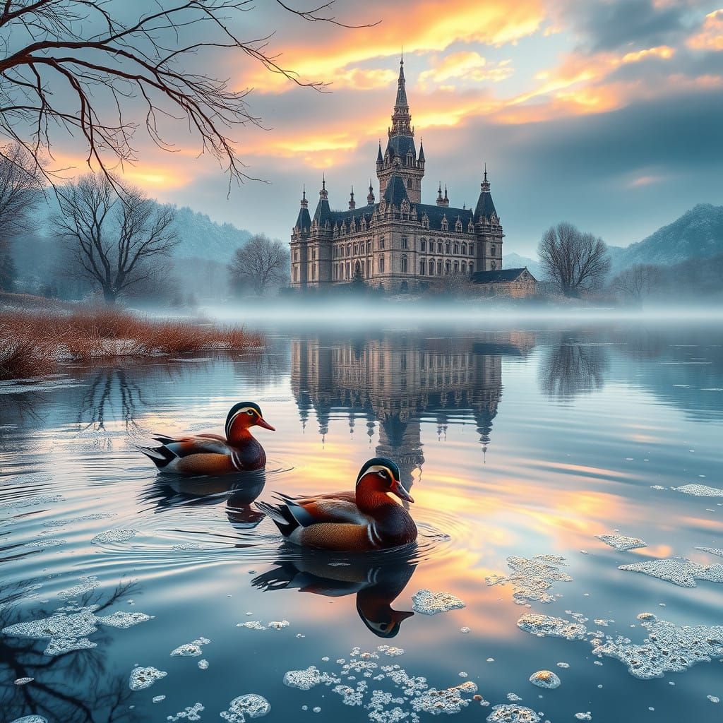 Majestic Mandarin Ducks on a Tranquil Winter Lake