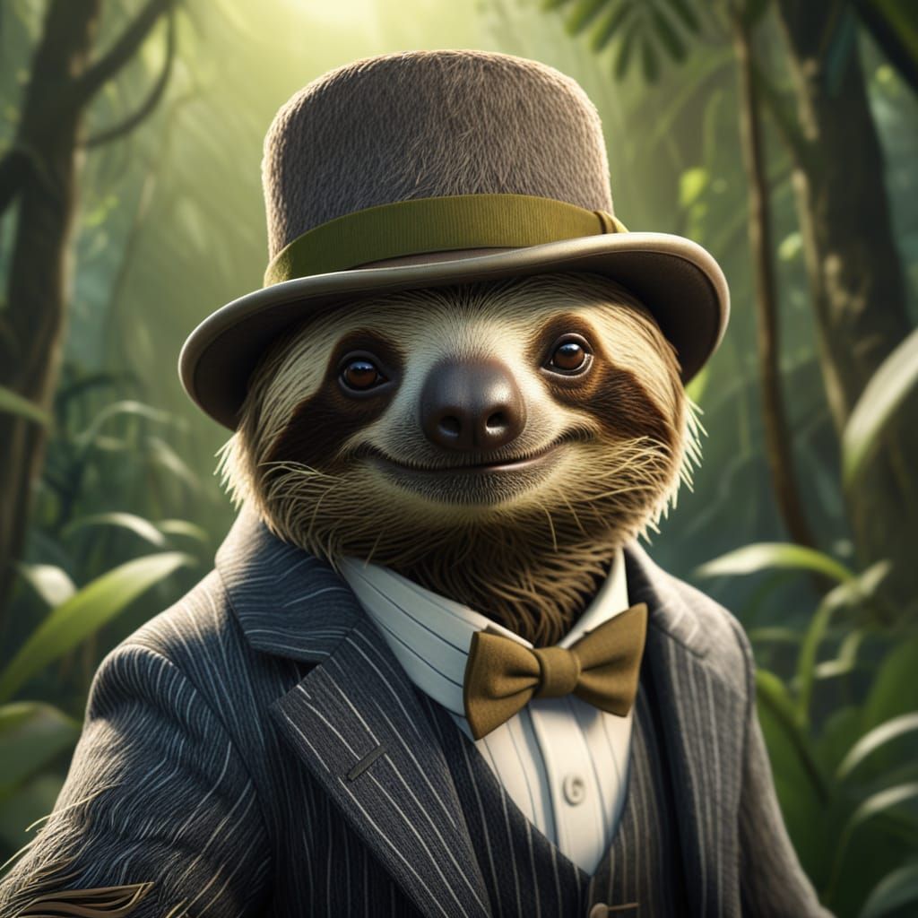 Concept Art Sloth in Bowler Hat in Lush Jungle