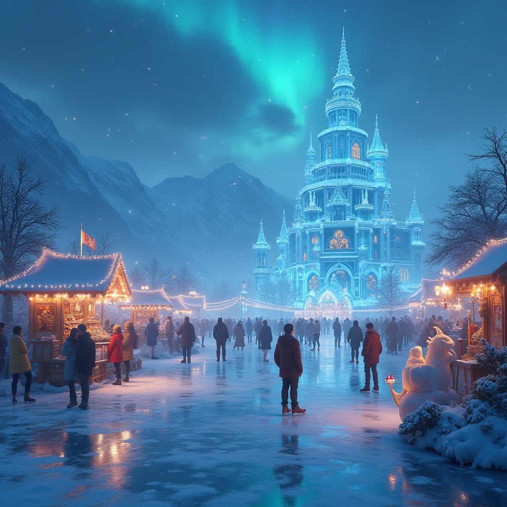 Magical Winter Festival on a Frozen Lake in Enchanting, Ethe...