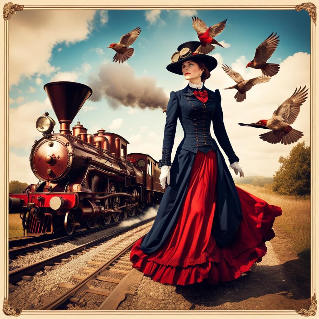 Steampunk Victorian Lady Portrait with Steam Train