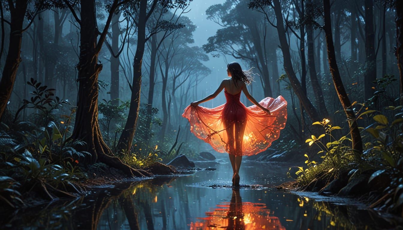 Beautiful Woman With Rose at Night in Watercolor Anime Style