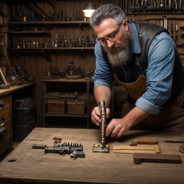 Locksmith Holding Key in Workshop: Photorealistic 8k