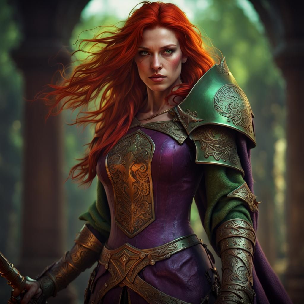 Red-Haired Knight Woman in Dark Fantasy Style