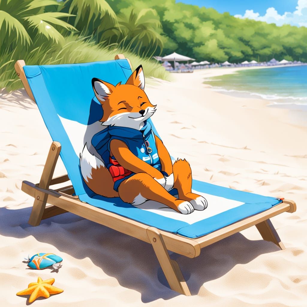 Fox Relaxing on Beach in Kawaii Style