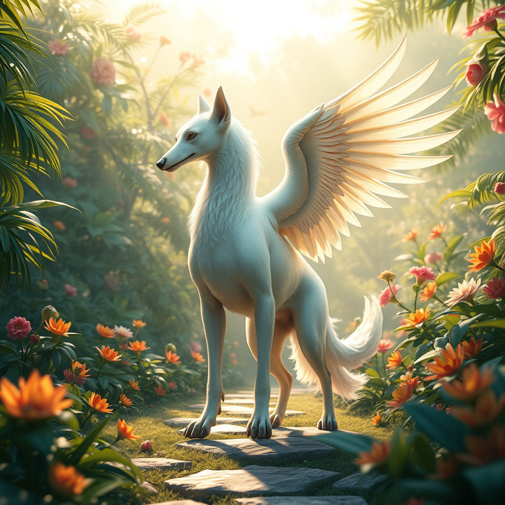 Mythical Winged Dog in Exotic Dream Garden