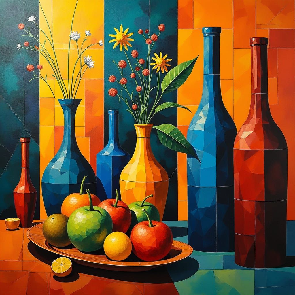 Vibrant Cubist Still Life in Multi-Angled Perspective