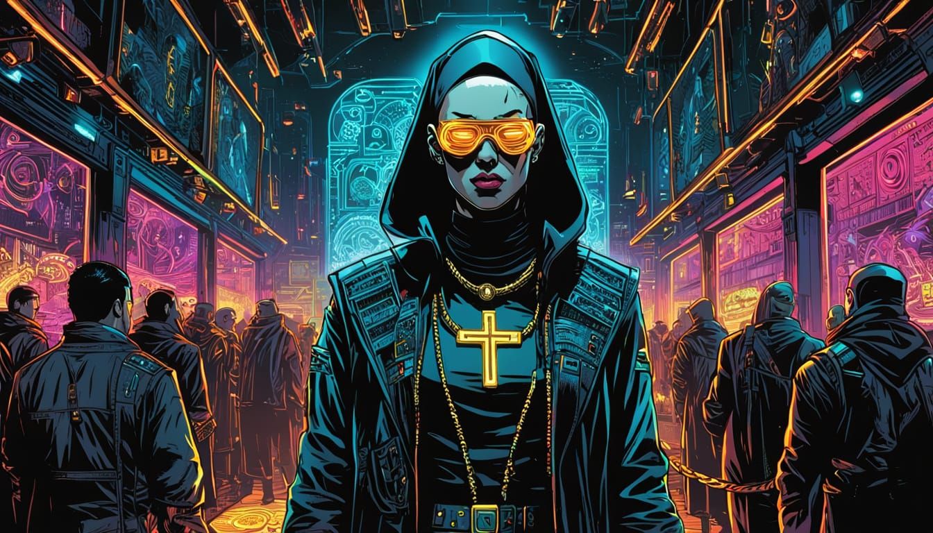 Cyberpunk Nun in Neon Nightclub, Comic Book Art