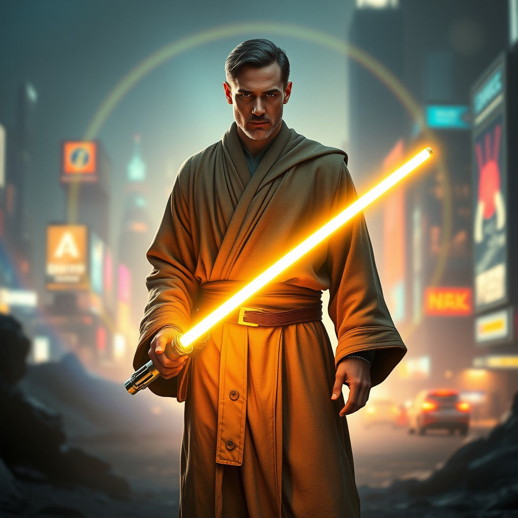 Heroic Jedi with USB Cable in Cyberpunk Cityscape