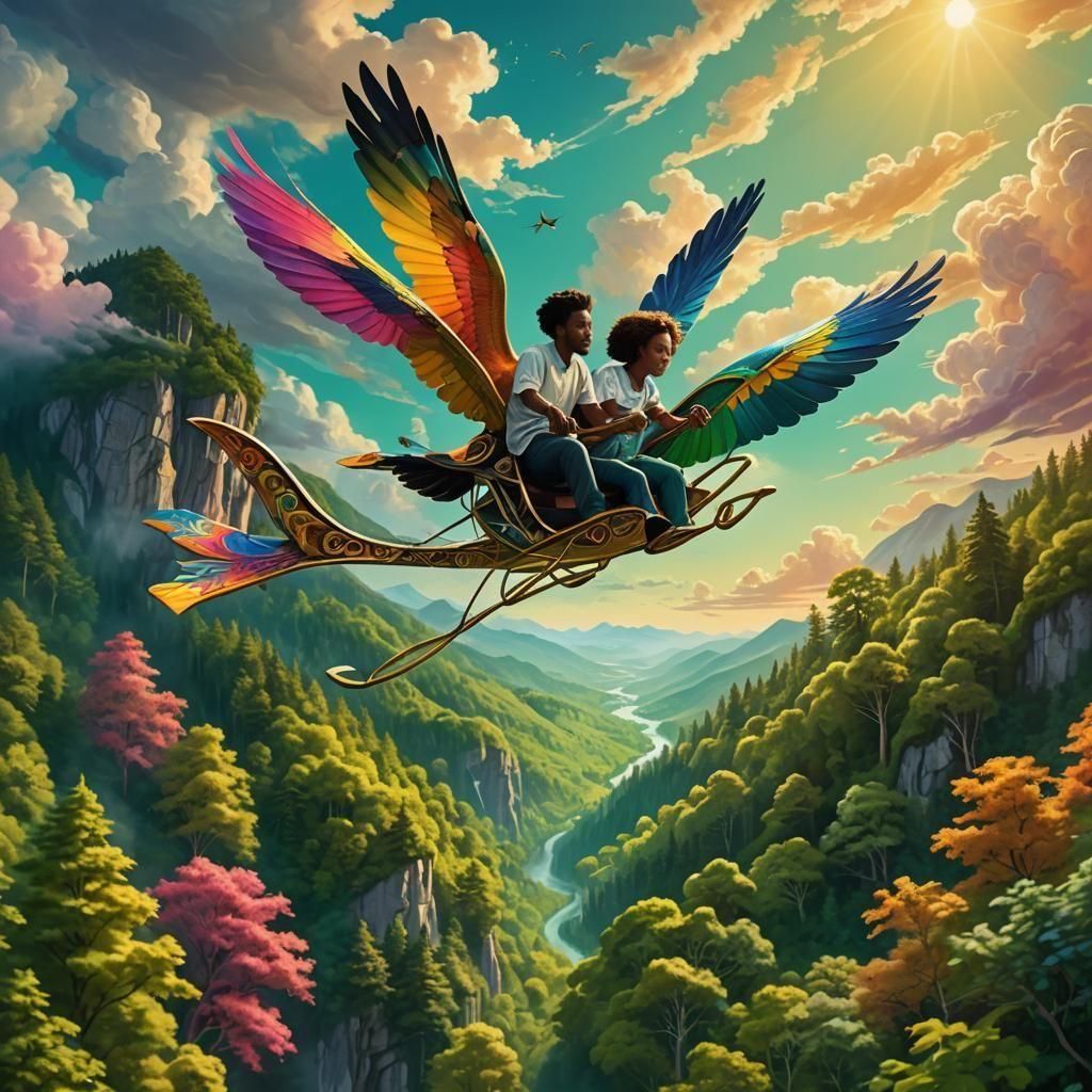 Black Couple Hang-Gliding Over Multicolored Forest