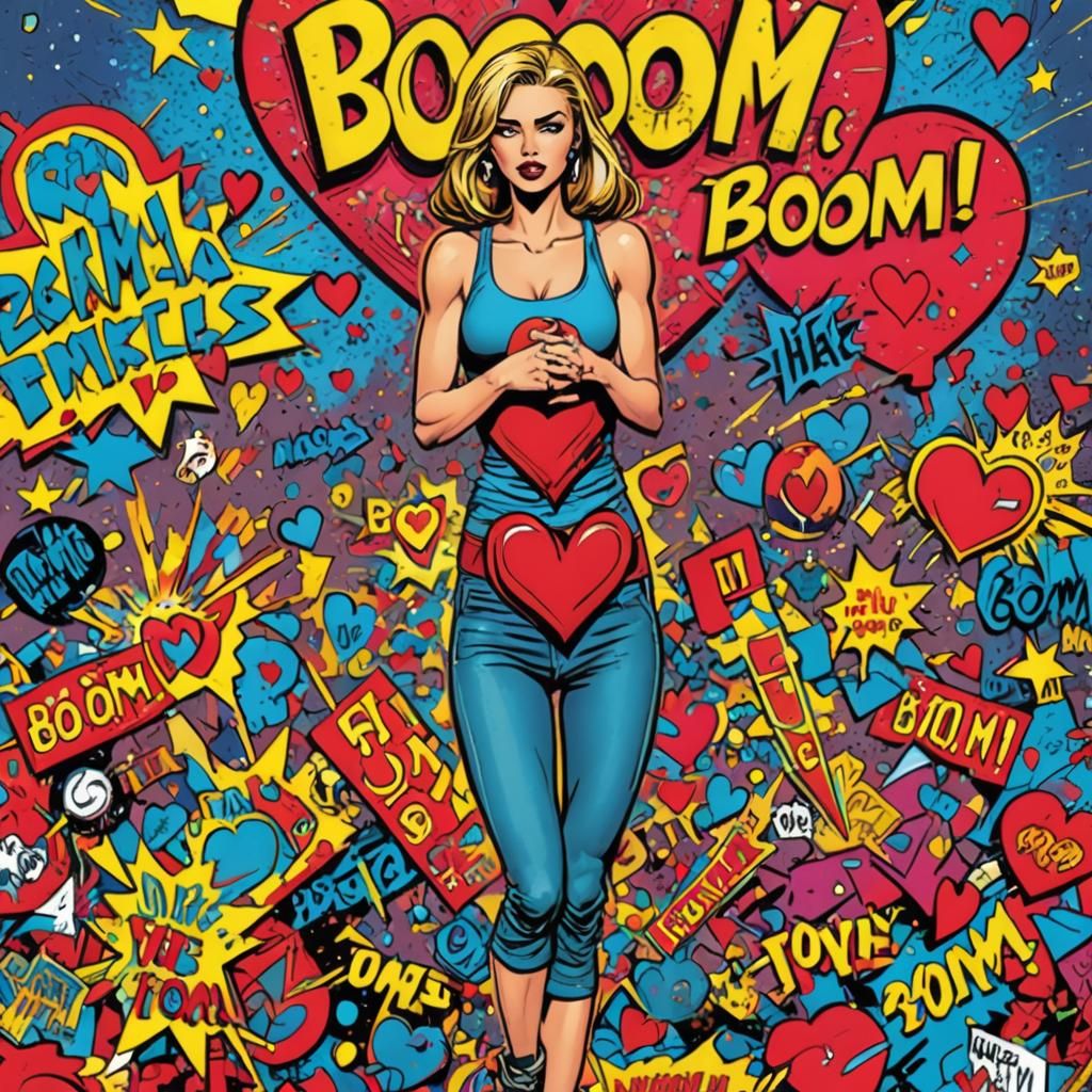 Comic Book Girl's Heart 'BOOM' in Pop Art Style