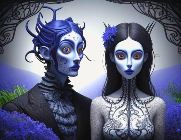 Surreal Bluebell-Headed Figures with Wavy Bodies