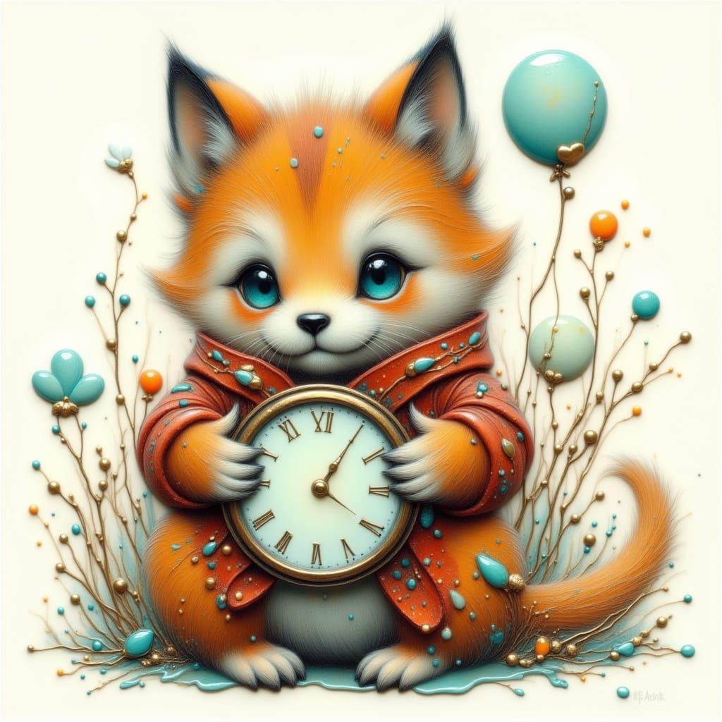 Cute Creature Holding a Teal and Gold Clock