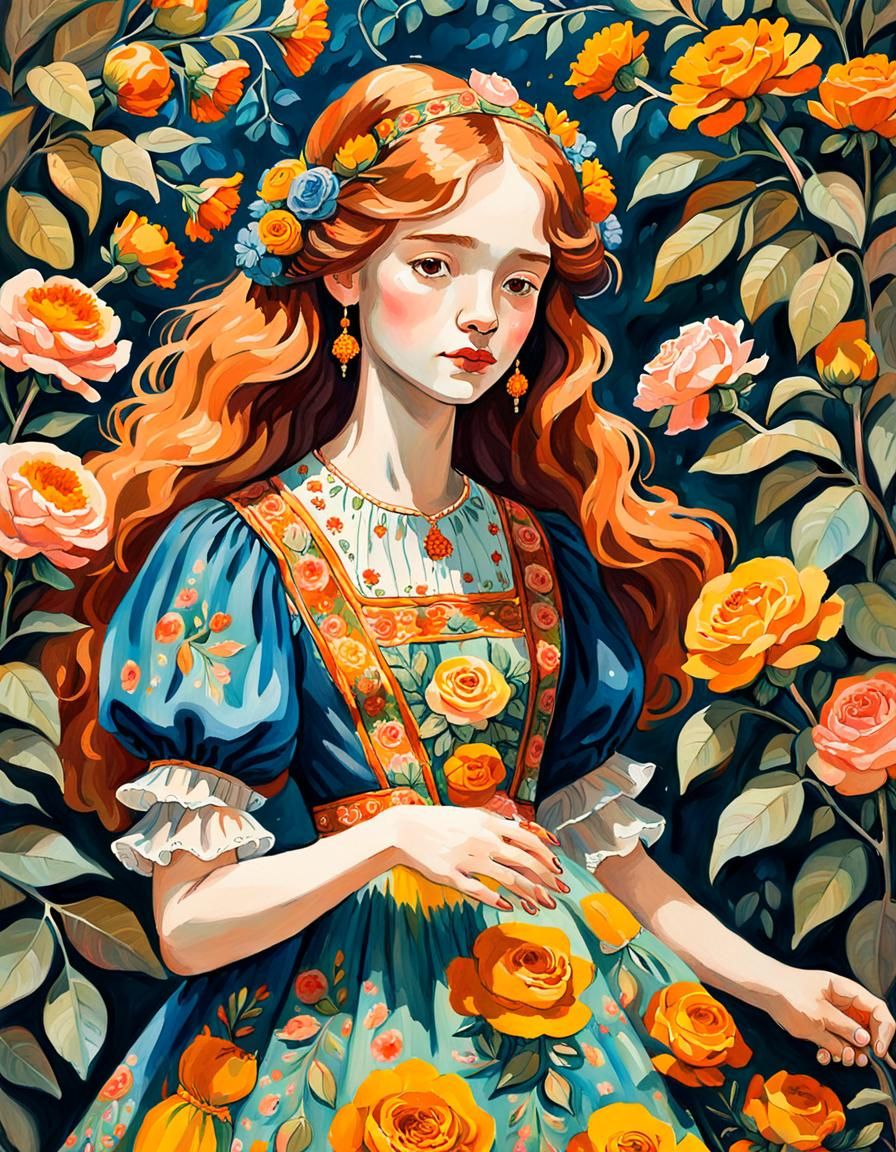 Pop Star Surrounded by Flowers: Gouache Detailed Painting