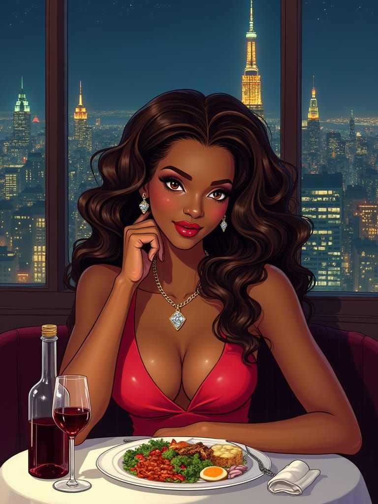 Elegant Woman at Parisian Dinner, Anime-Style Painting