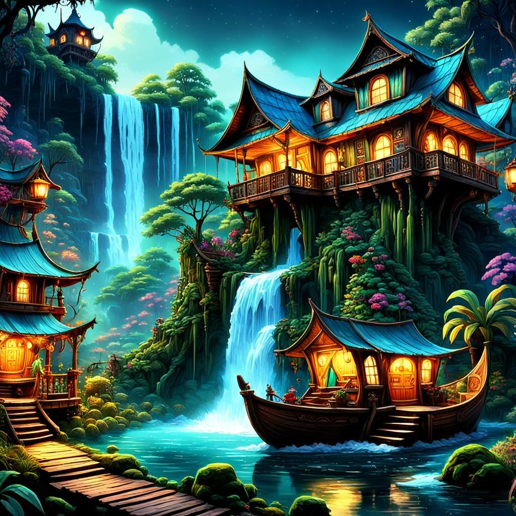Colorful Goblin at Waterfall Fantasy Art in 8K