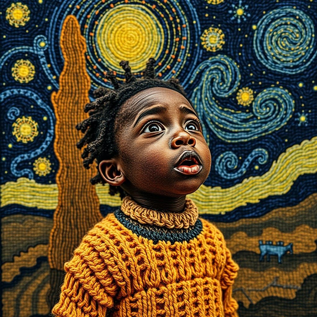 a painted old-school style surreal Picasso, Rembrandt, Van Gogh yarn crochet, linen fine thread, shimmering texture, Jap...