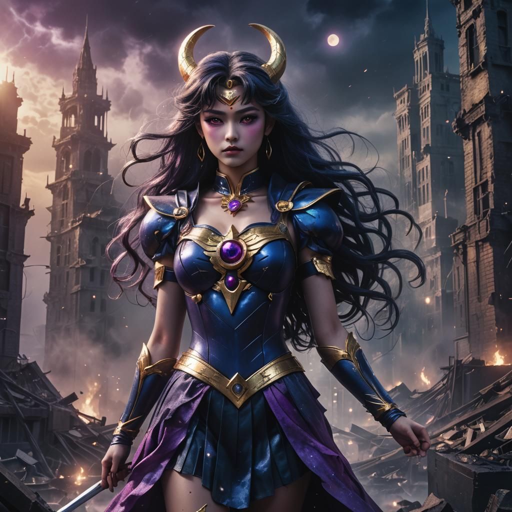 Dark Sailor Moon in Ruined Cityscape