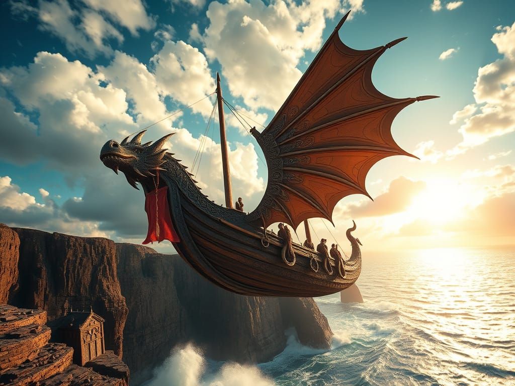 Celtic Viking Drakar Soars in the Sky with Intricately Carve...