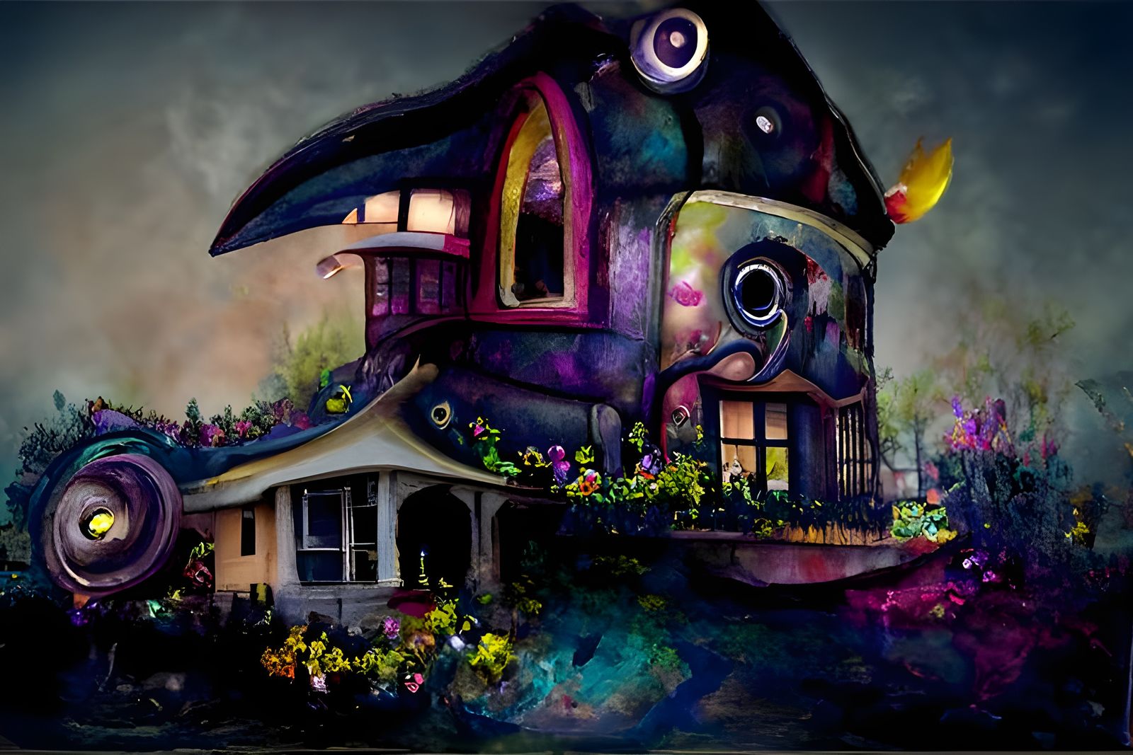 Surreal Psychedelic House Illustration in Watercolor and Ink