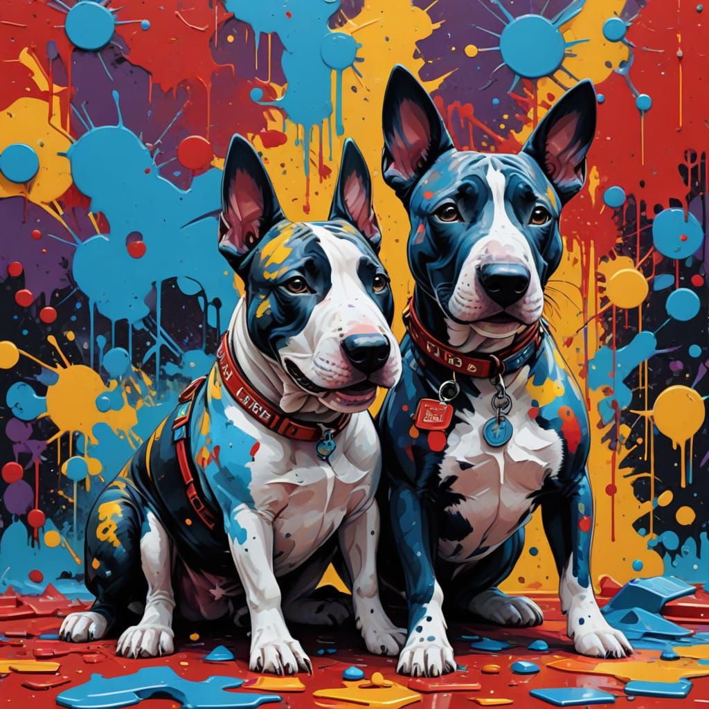 English Bull Terriers Play in Vibrant Graffiti Scene