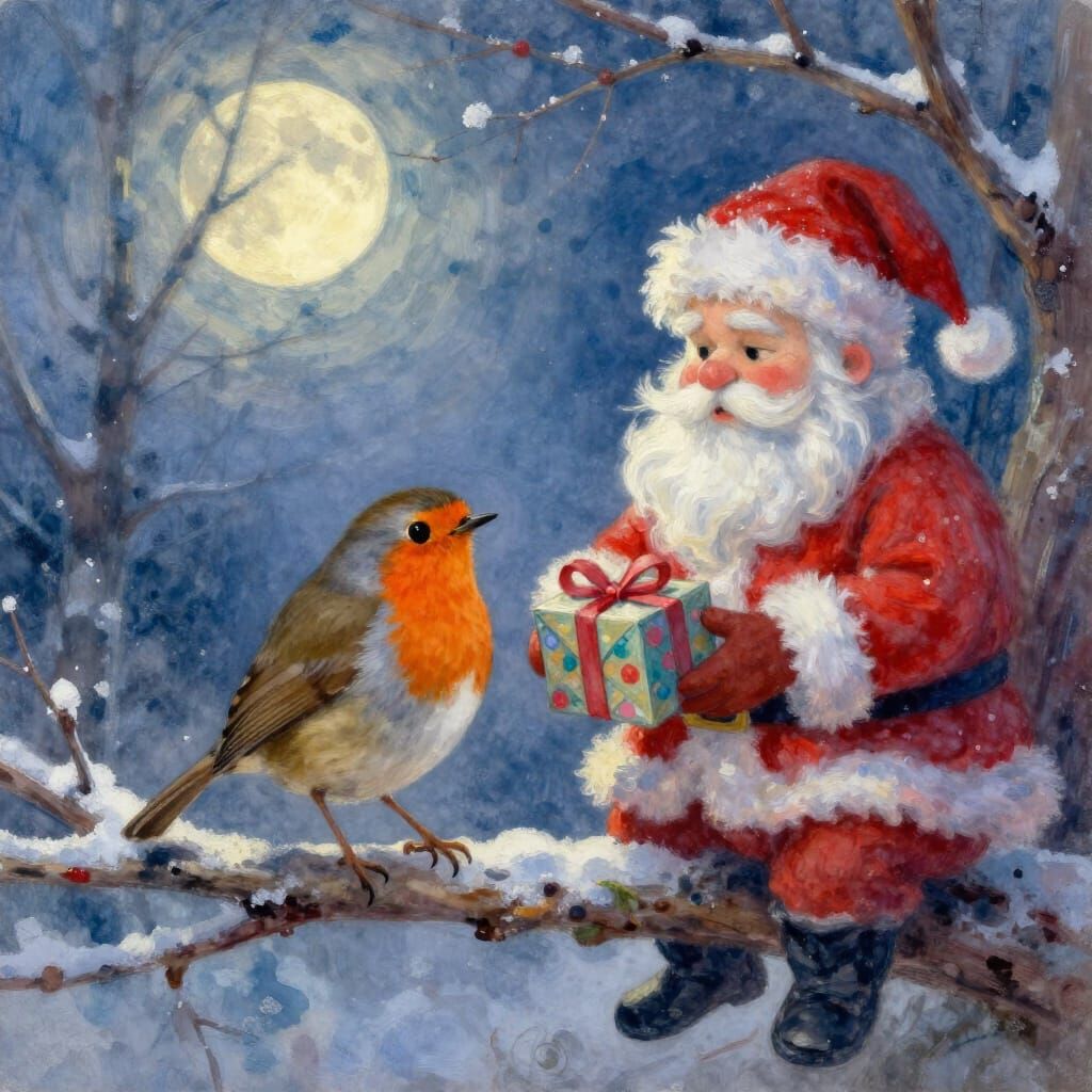 Robin Delivers Gift To Santa In Moonlit Forest