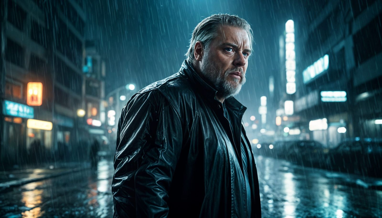 Cyberpunk Protagonist in Rainy City at Night