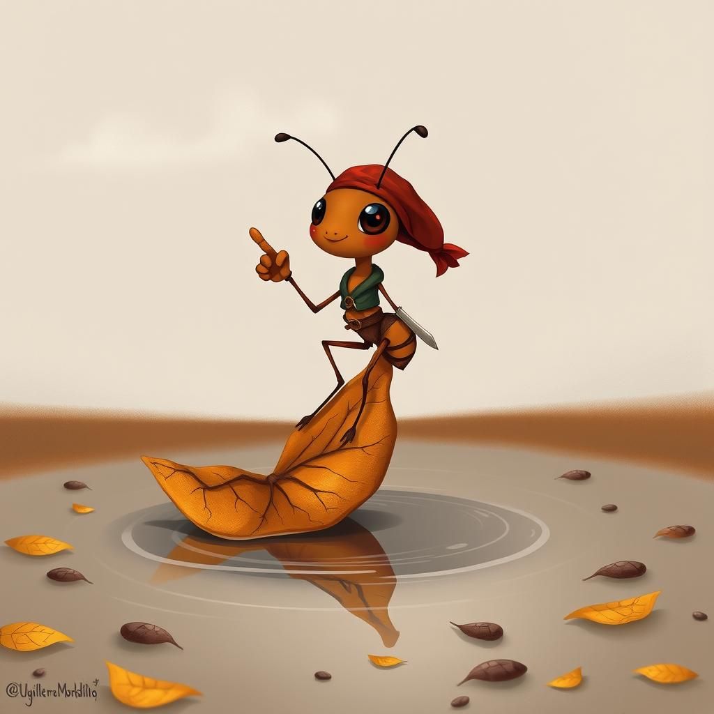 Pirate Ant on Leaf Raft, Cartoon Illustration