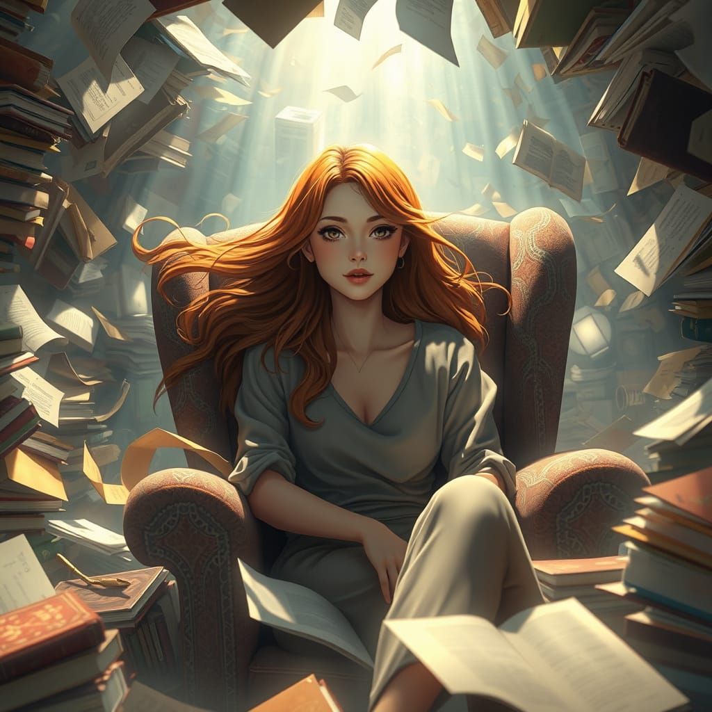 Serene Woman in Book Vortex, Hyperrealistic Rendering
