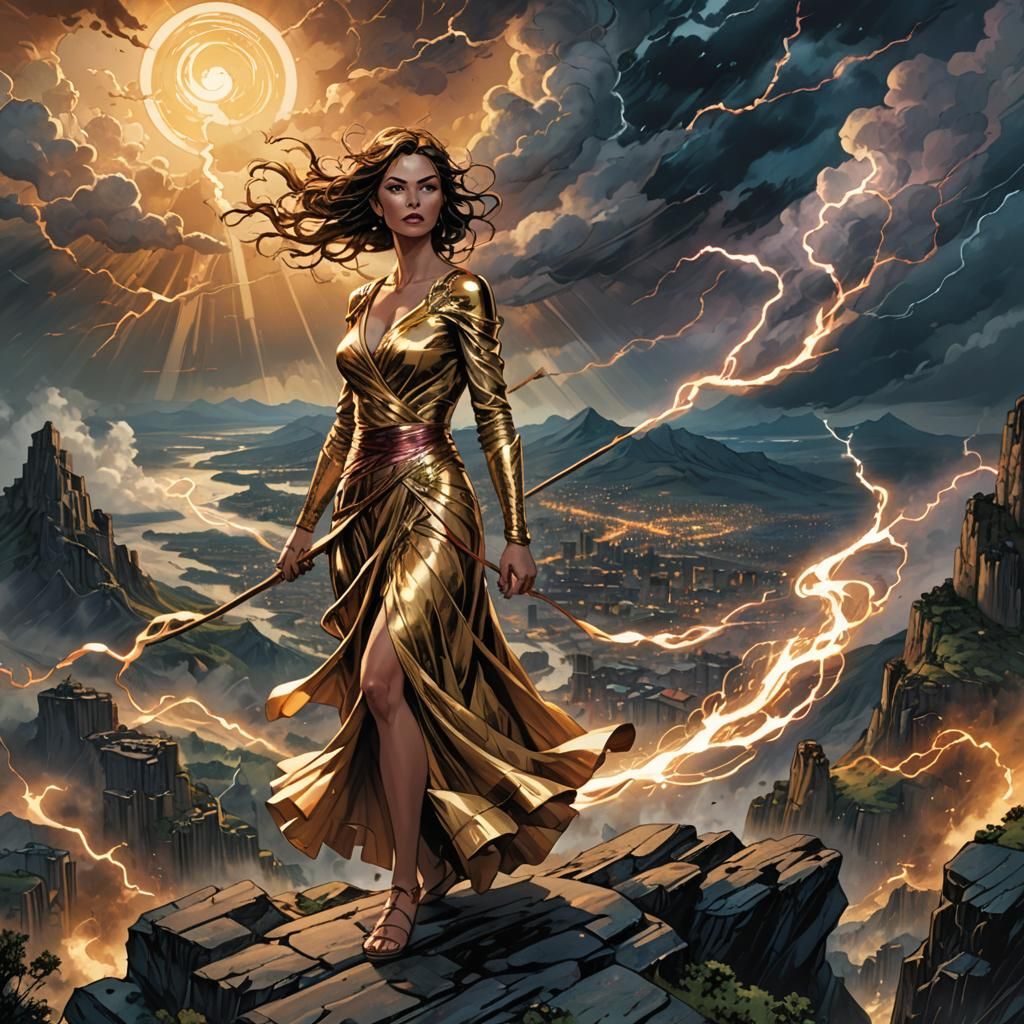 Sorceress on Cliff in Comic Book Art Style