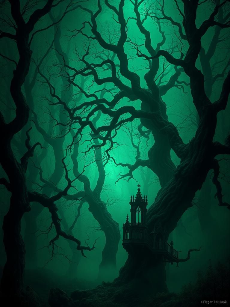 Mystical Forest with Eerie Green Glow