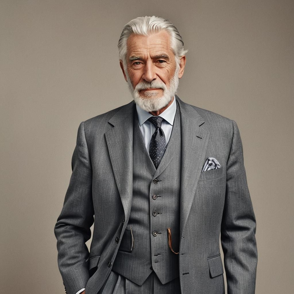 Elegant Silver-Haired Gentleman in Classic Pinstripe Suit
