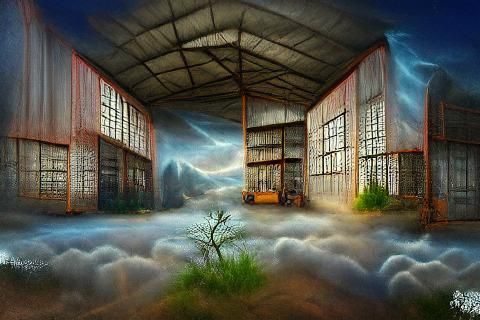 Warehouse in the Clouds: Surreal AI Dreamscape