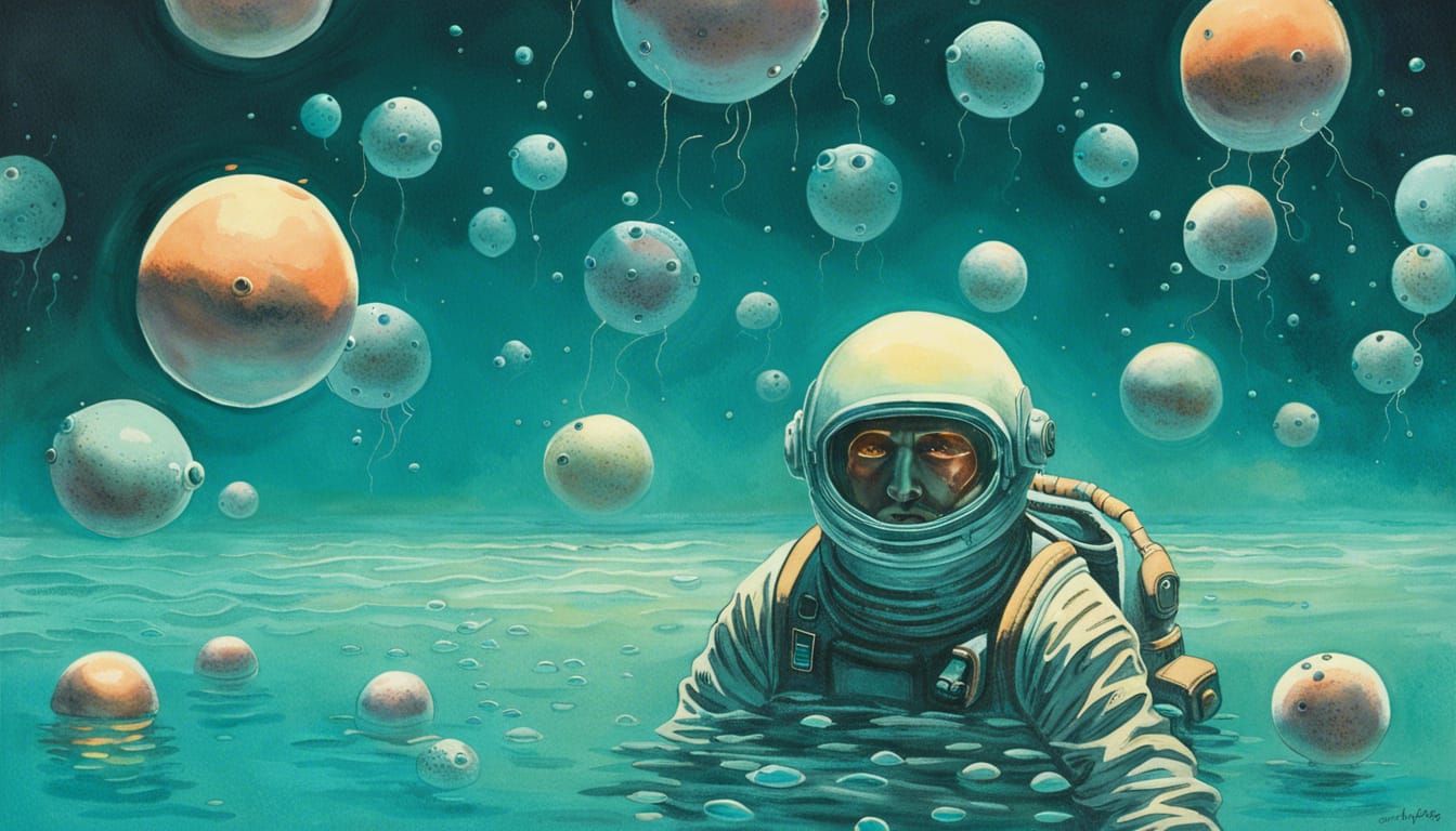 Astronaut and Floating Solids in Surreal Dreamscape