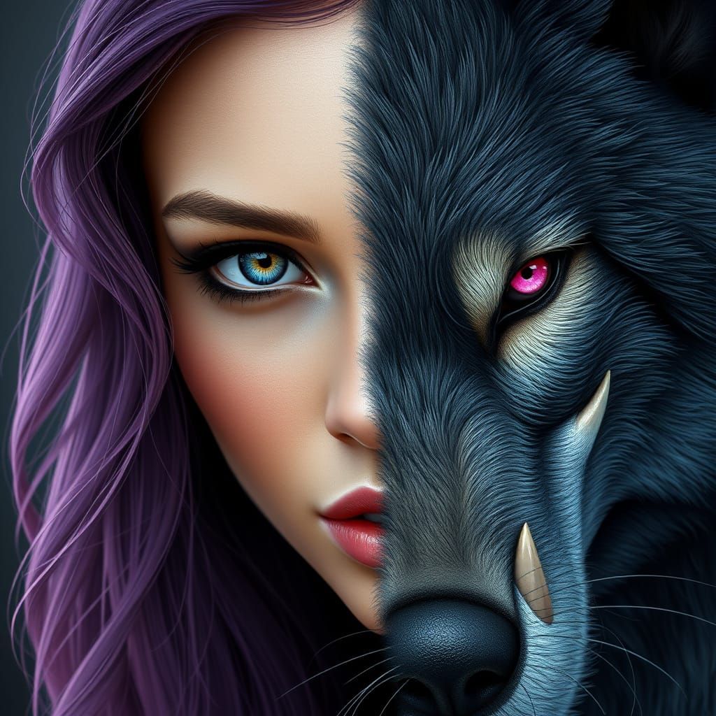 Ethereal Woman in Dual Form: Gray Werewolf and Human