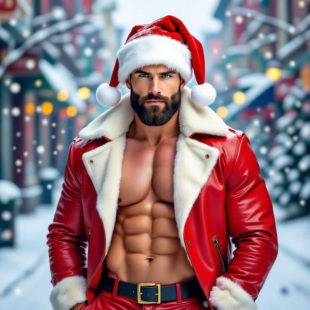 Muscular Man in Festive Red Leather on Snowy Day