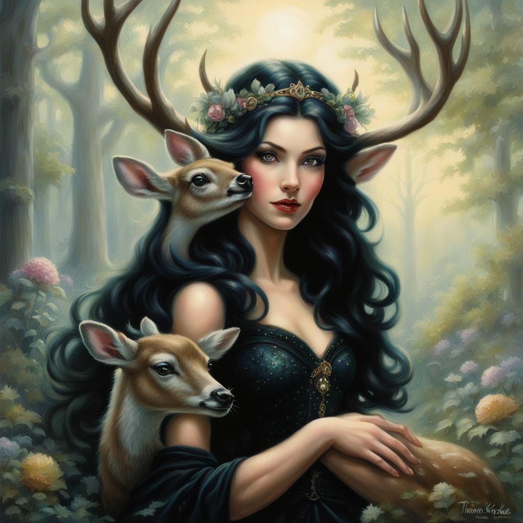 Ethereal Elf Fairy with Baby Deer in Pin-Up Style