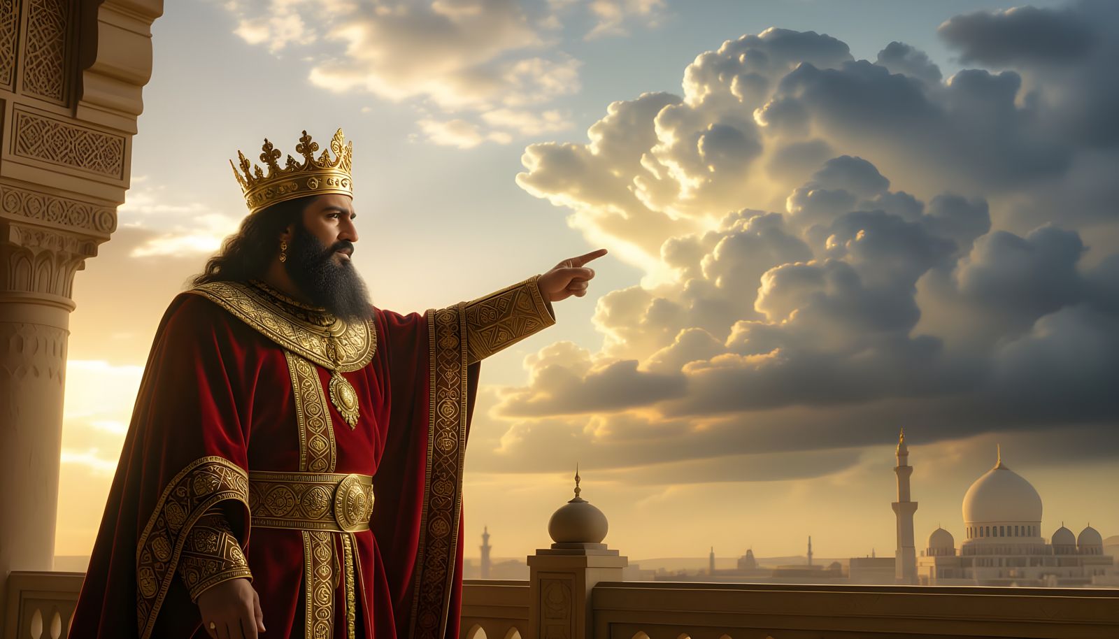 Ancient Arab King Arrogantly Points to Stormy Sky