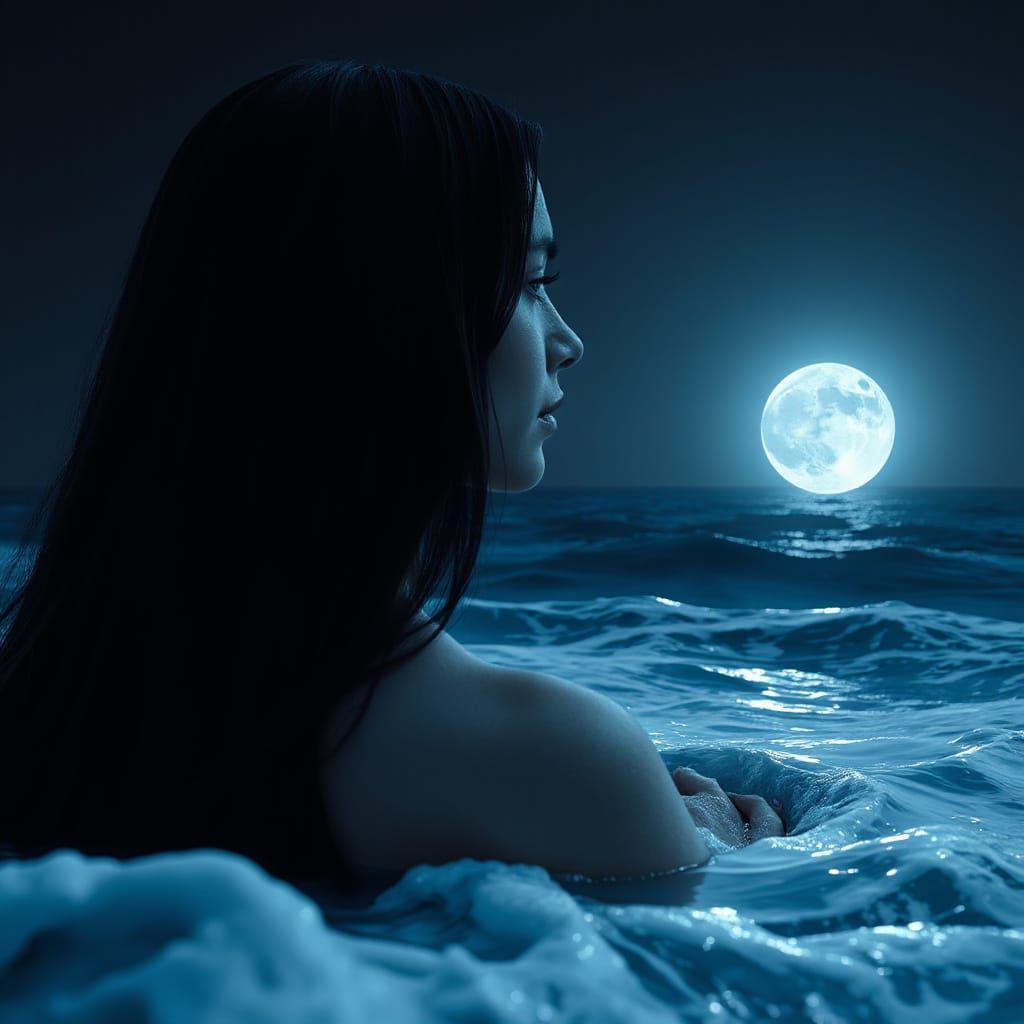 Mystical Woman Merges With Ocean and Moon