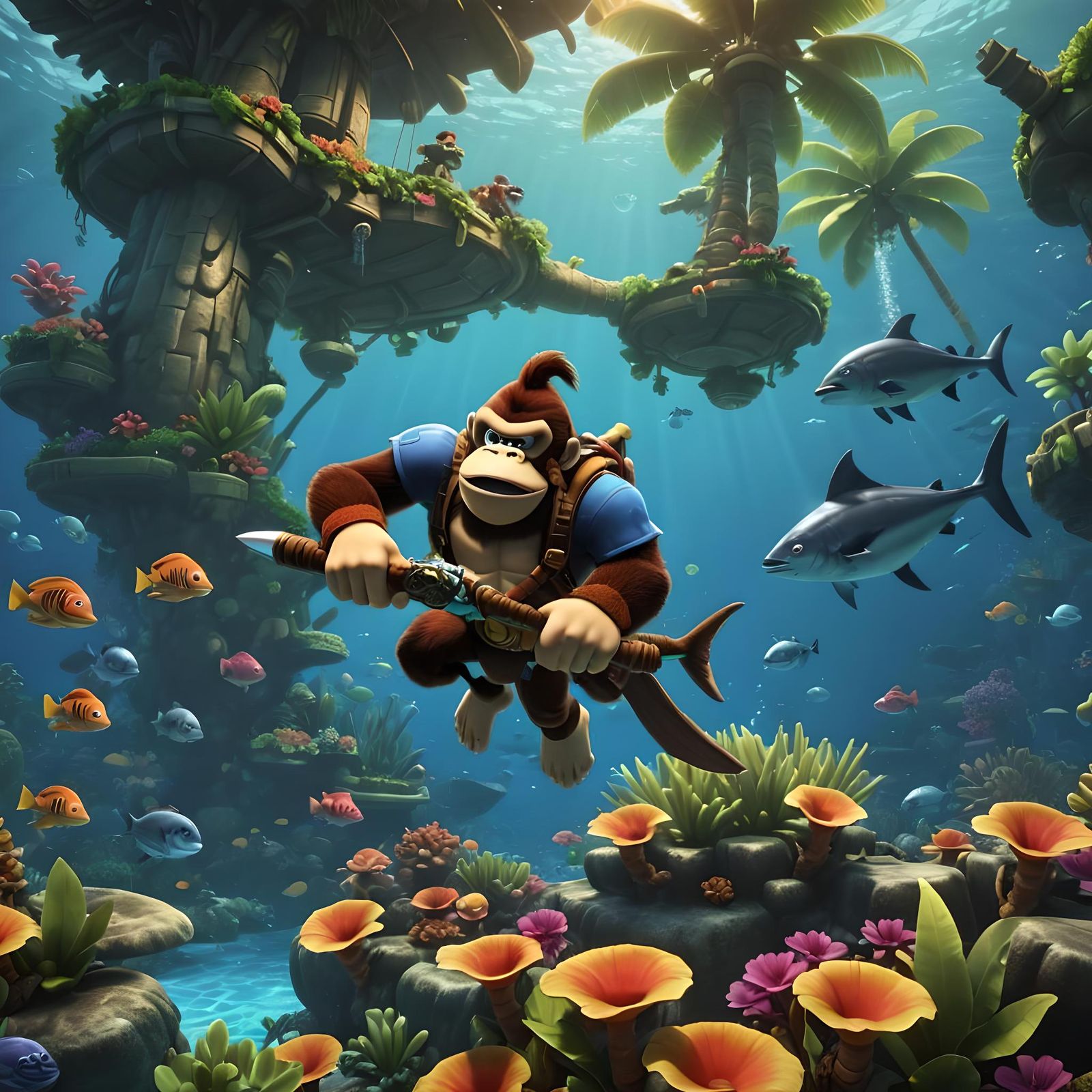 Donkey Kong Underwater Adventure in 3D Digital Art