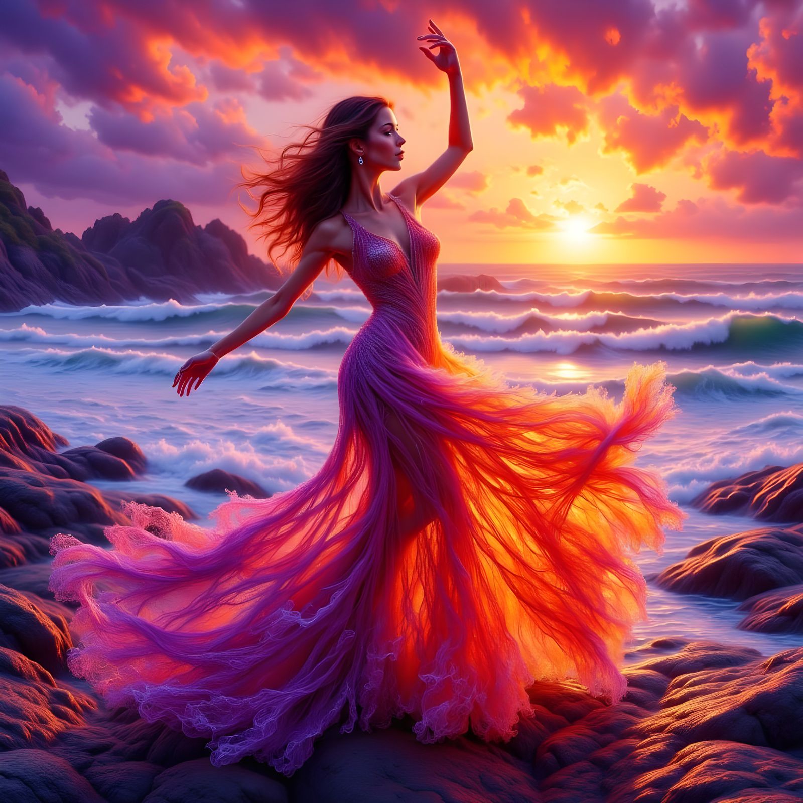 Surreal Dancer Amidst a Futuristic Sunset