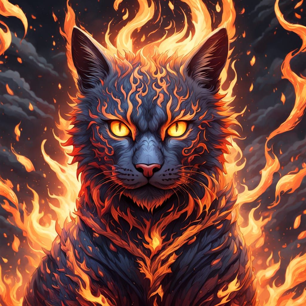 Flaming Feline: Vibrant Digital Fantasy Art
