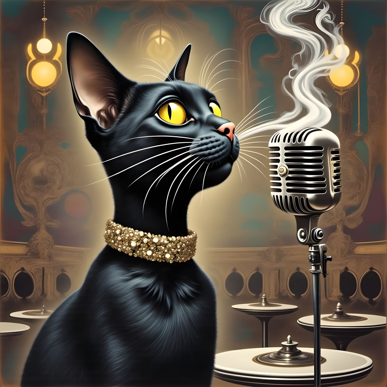 Mid Century Jazz Club Scene with Sultry Black Cat and Vintag...