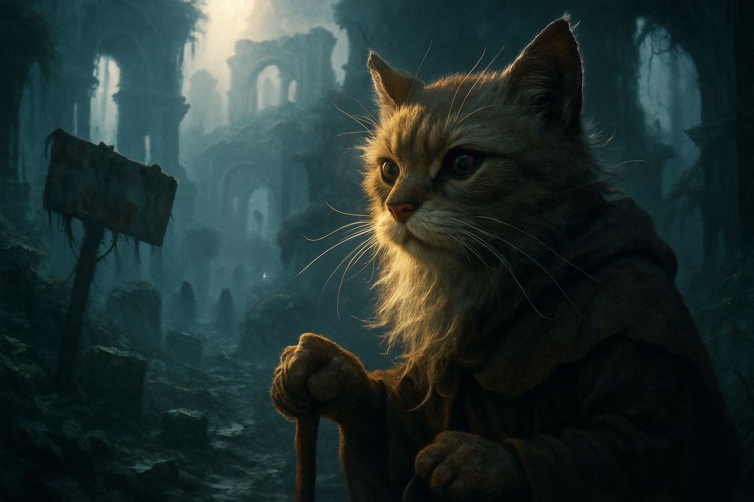 Misty Ancient Cityscape Ruins with Cat Wizard