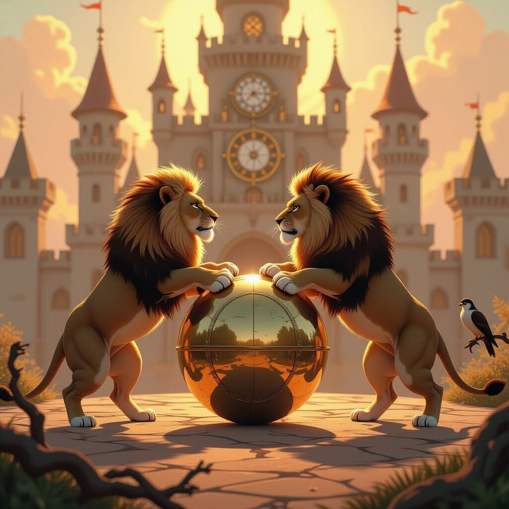 Lions Clash Over Brass Sphere, Mystical Kingdom Setting